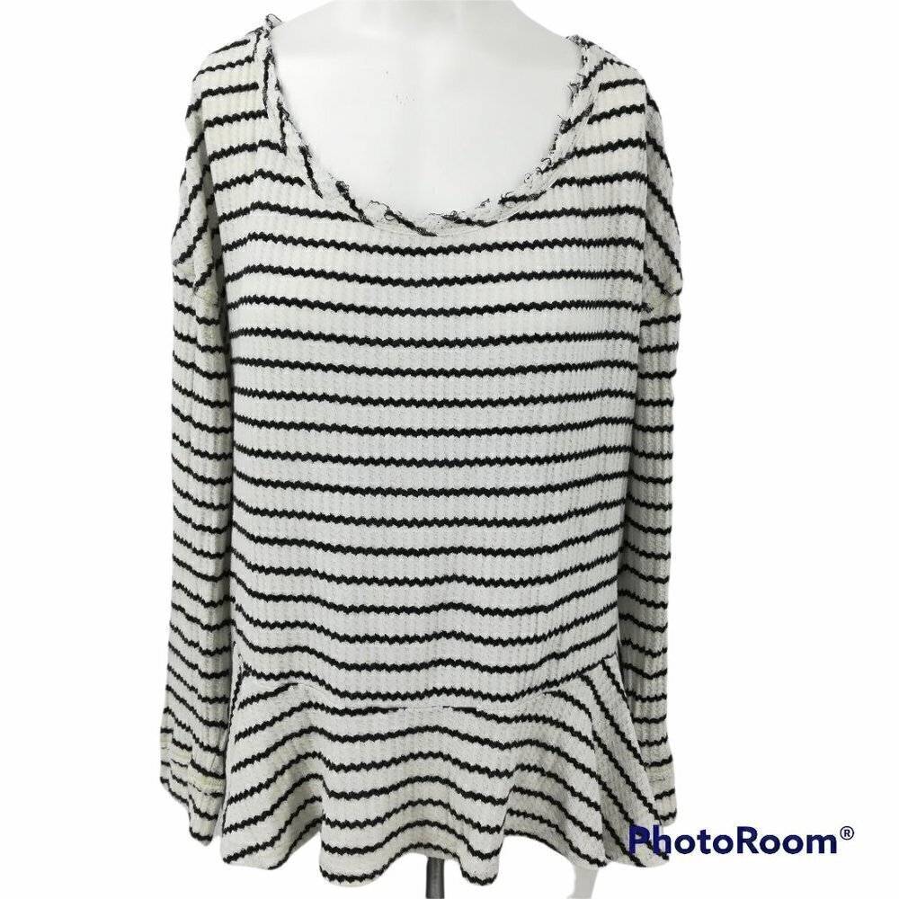 We The Free Striped Thermal Shirt Size M Stretch Raw Ruffle Neck Flowy Hem